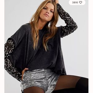 Black Celine Jersey top with black sequin sleeves